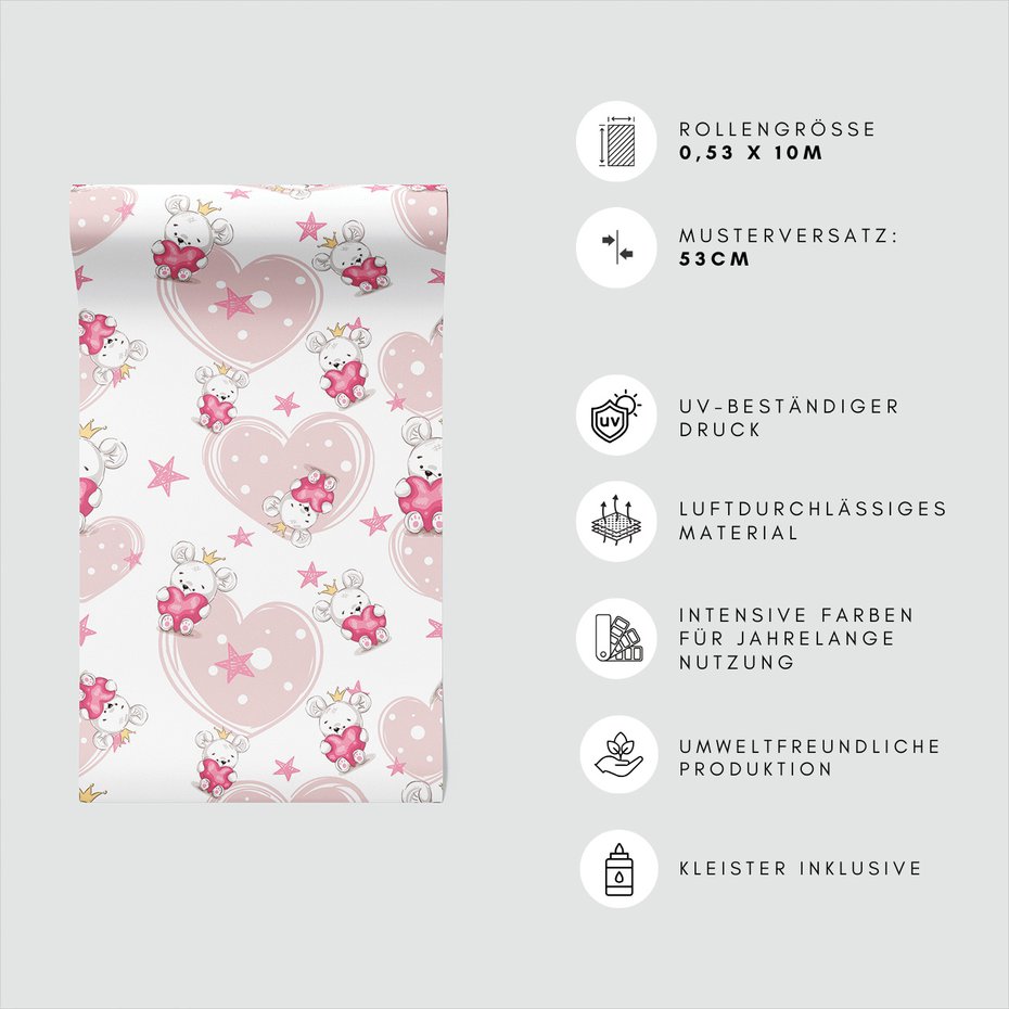 Tapeta - dziecięca, serce, korona, myszka