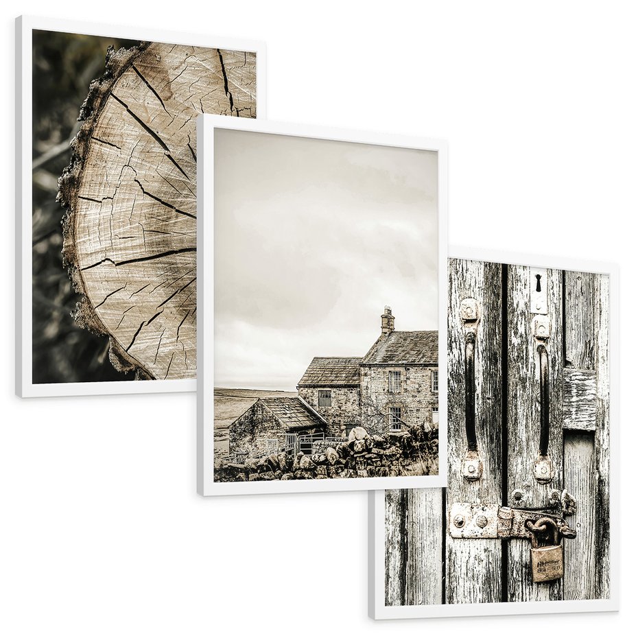 Zestaw obrazy w ramie, plakaty - drewno, tekstura, budynek - rama biała