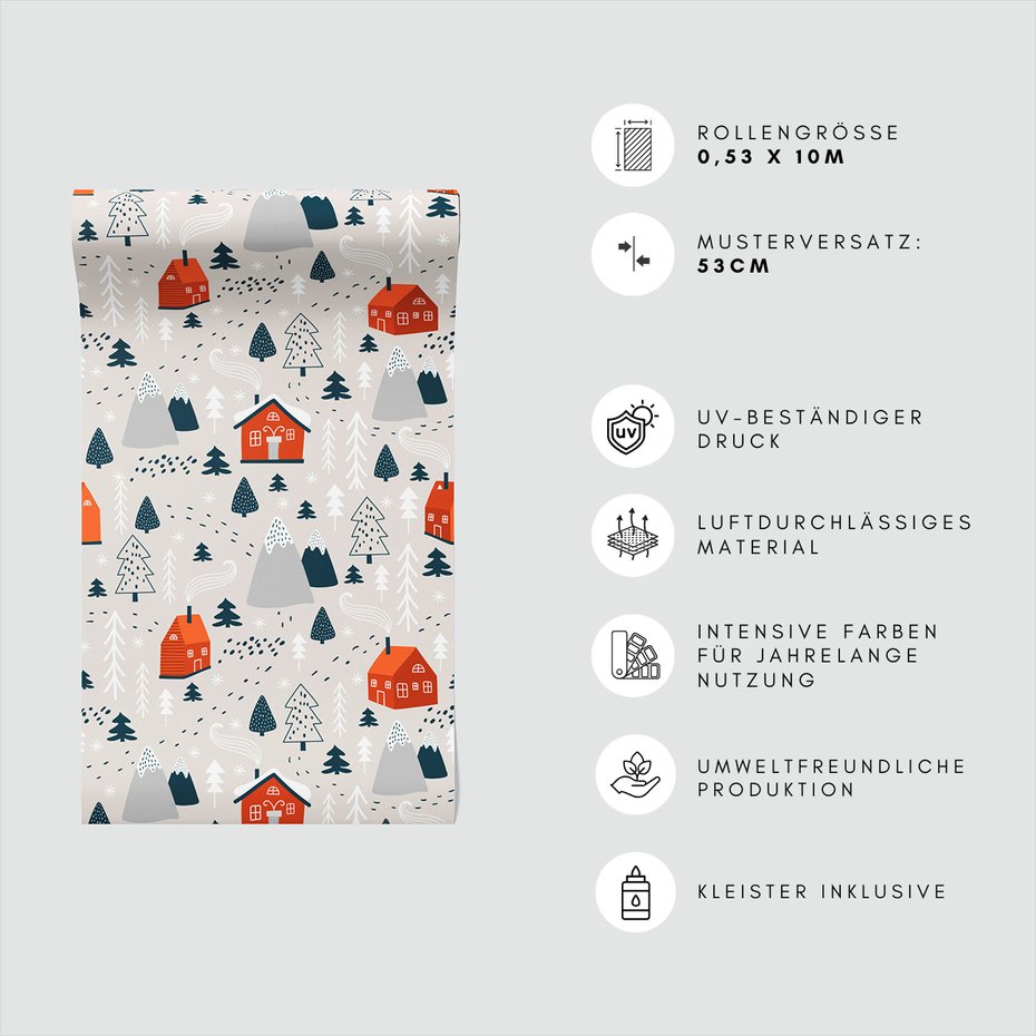 Tapeta - dziecięca, domy, góry, drzewa