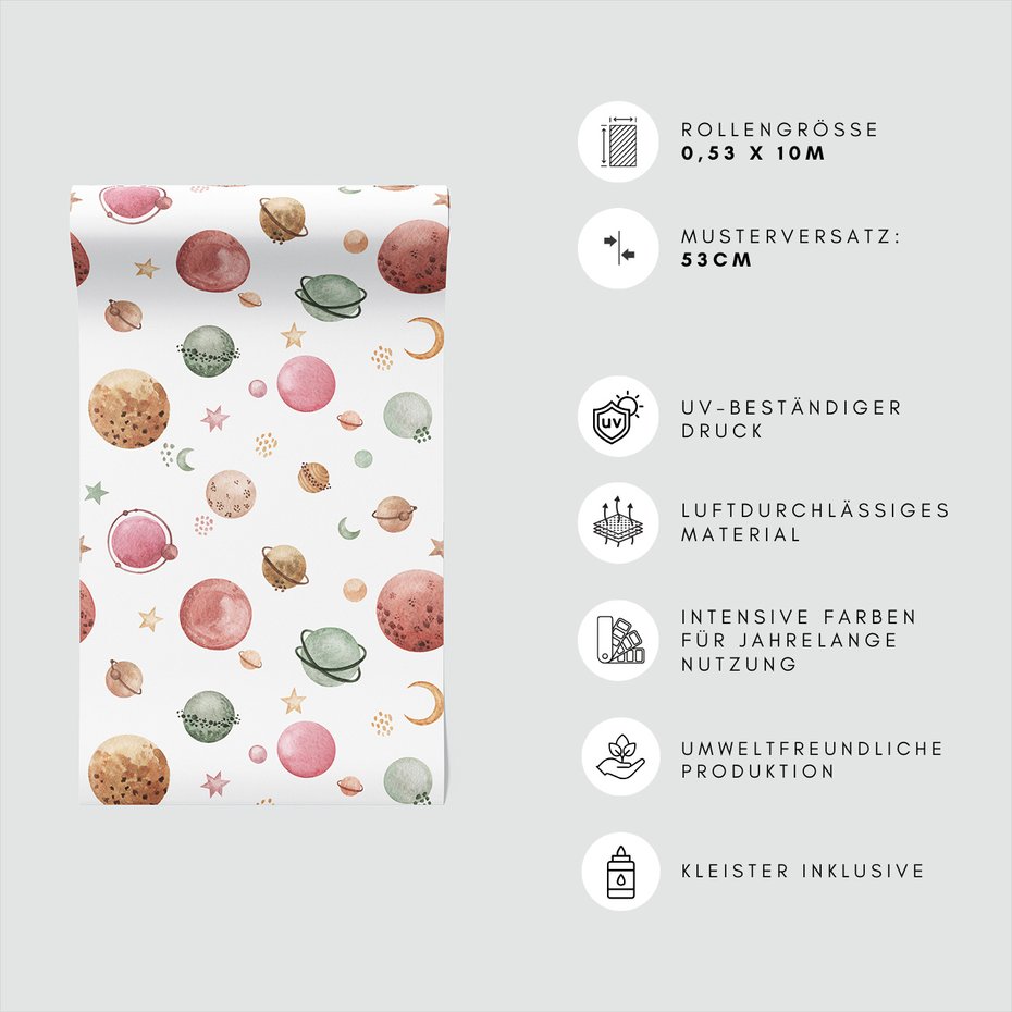 Tapeta - dziecięca, planety, gwiazdy, księżyc