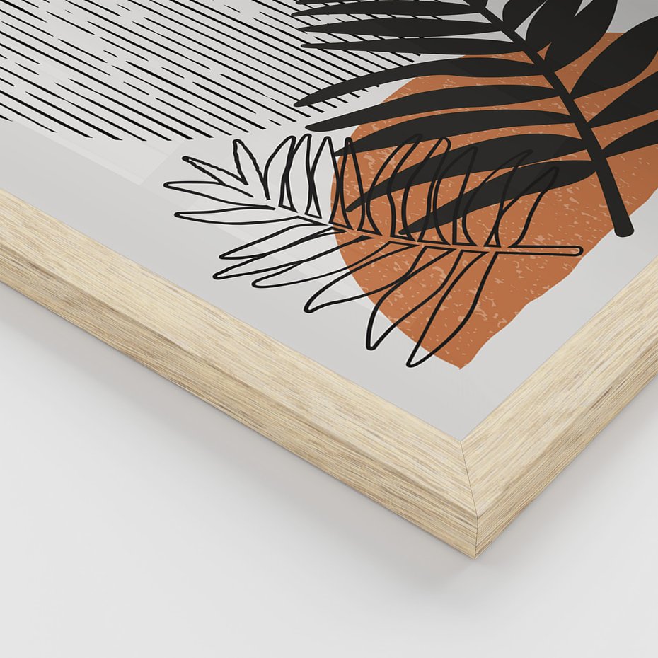 Zestaw obrazy w ramie, plakaty - abstrakcja, liście, minimalizm - rama drewno