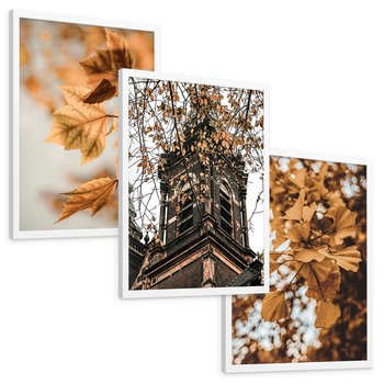 Zestaw obrazy w ramie, plakaty - liście, jesień, budynek - rama biała