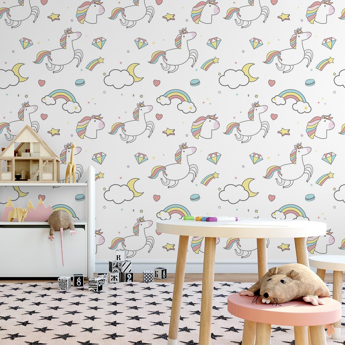 Tapeta - dziecięca, jednorożce, tęcze, gwiazdy