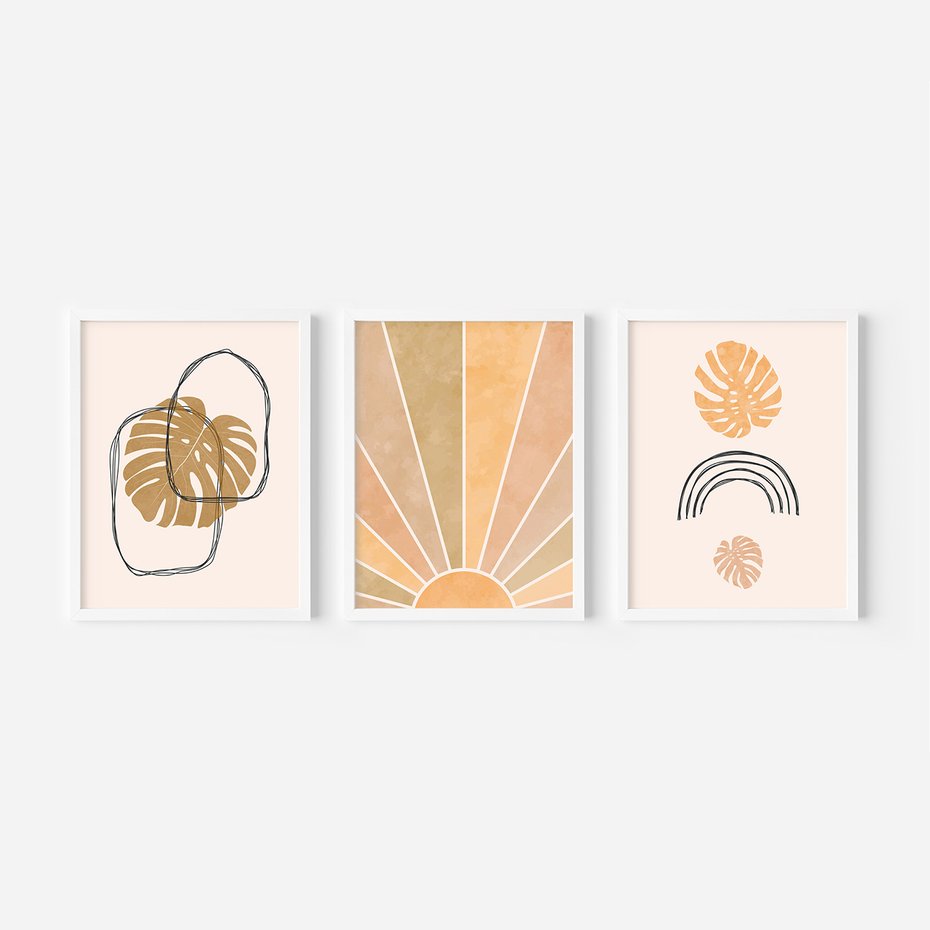Zestaw obrazy w ramie, plakaty - liście, monstera, abstrakcja - rama biała
