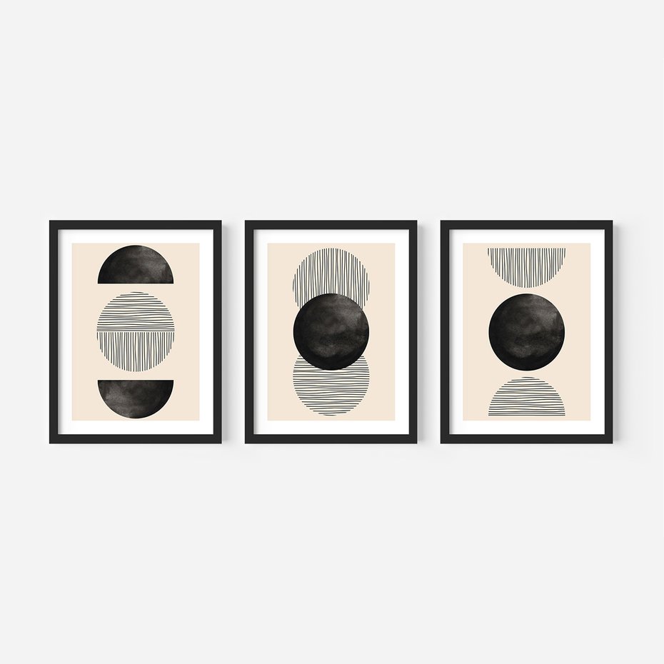 Zestaw obrazy w ramie, plakaty - abstrakcja, minimalizm, geometria - rama czarna
