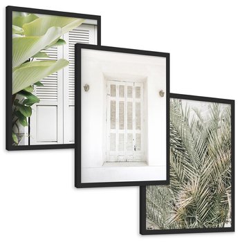 Zestaw obrazy w ramie, plakaty - liście, okno, ściana - rama czarna