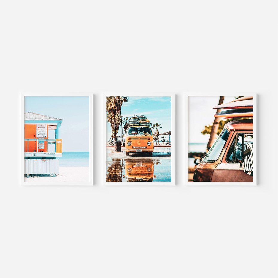 Zestaw obrazy w ramie, plakaty - plaża, wakacje, lato - rama biała