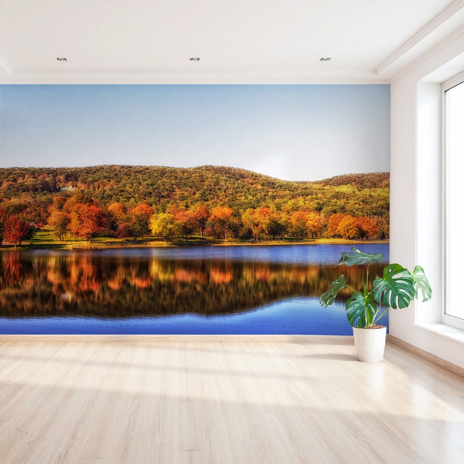 Fototapeta - jezioro, las, jesień