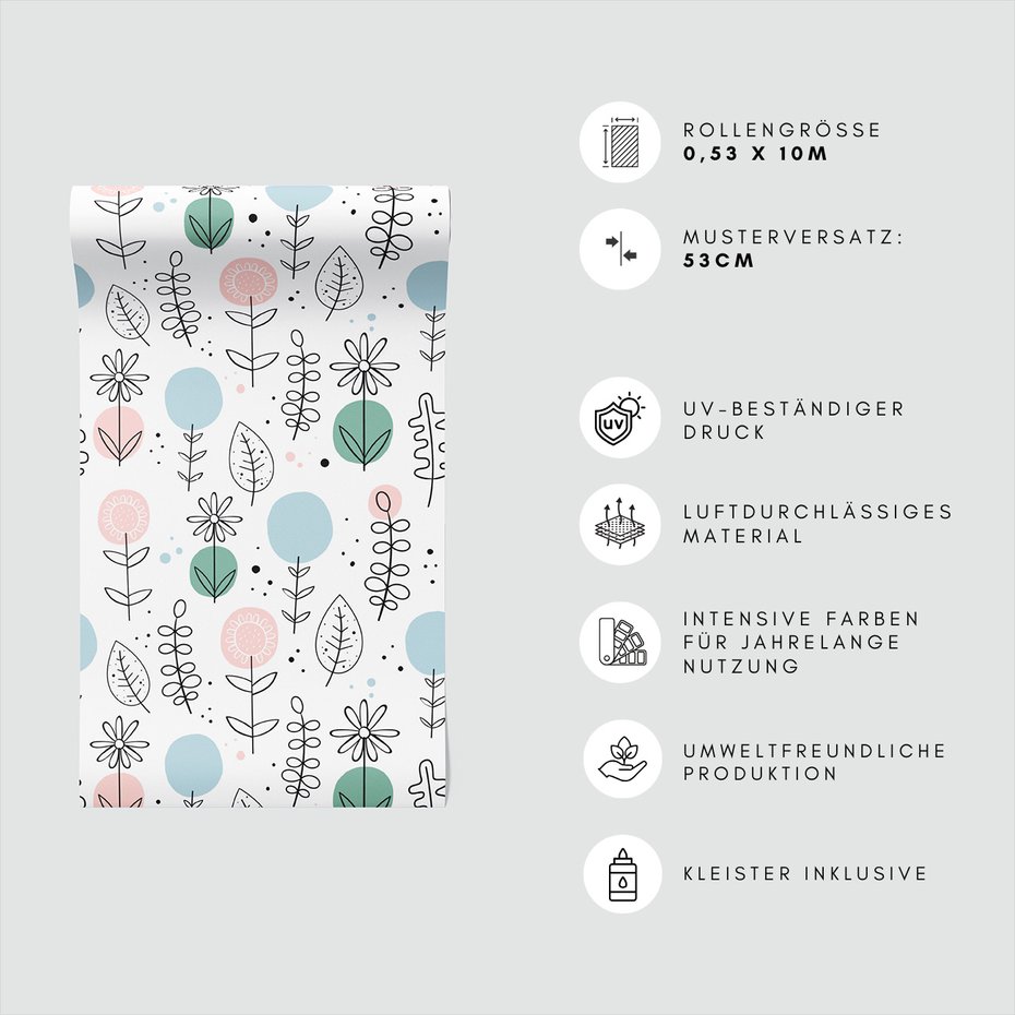 Tapeta - kwiaty, liście, kropki