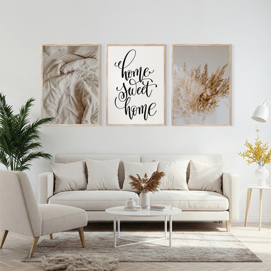 Zestaw obrazy w ramie, plakaty - trawa, beżowy, pismo - rama drewno