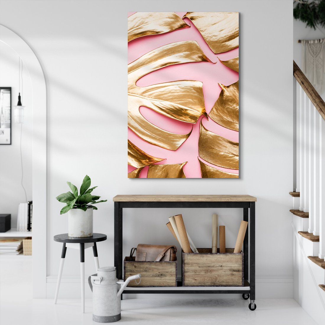 Obraz na płótnie - złoty, liście, różowy