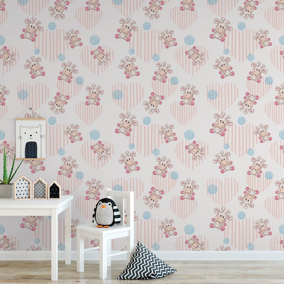 Tapeta - dziecięca, żyrafa, serca, kropki