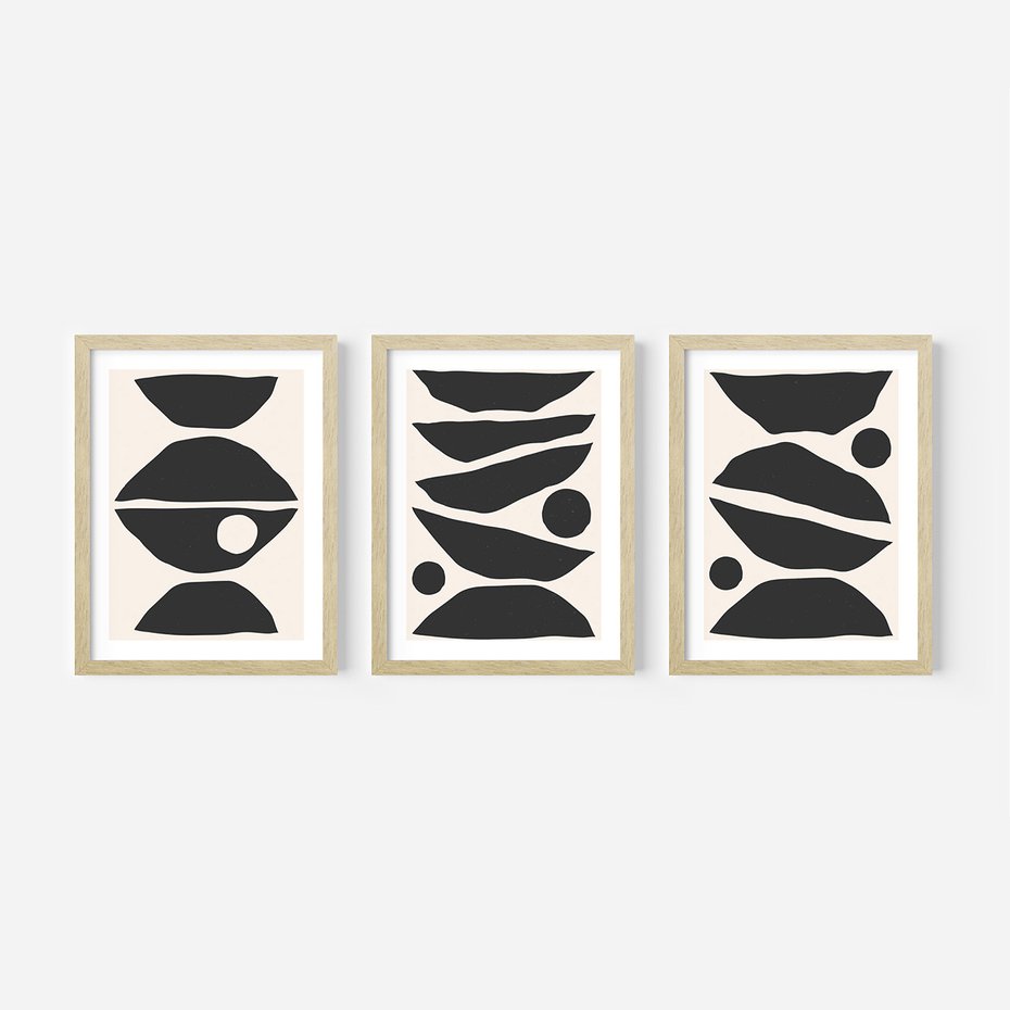 Zestaw obrazy w ramie, plakaty - abstrakcja, minimalizm, kształty - rama drewno