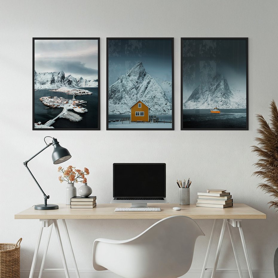 Zestaw obrazy w ramie, plakaty - góry, śnieg, woda - rama czarna