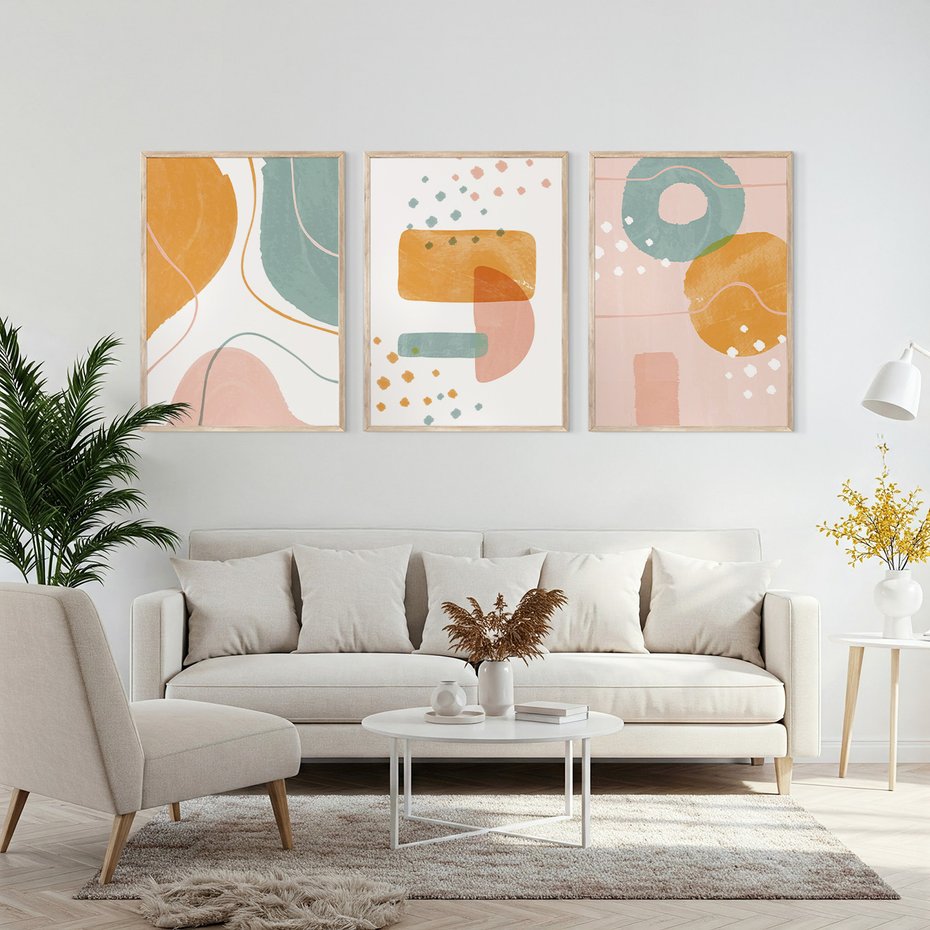 Zestaw obrazy w ramie, plakaty - abstrakcja, pastelowe, kształty - rama drewno