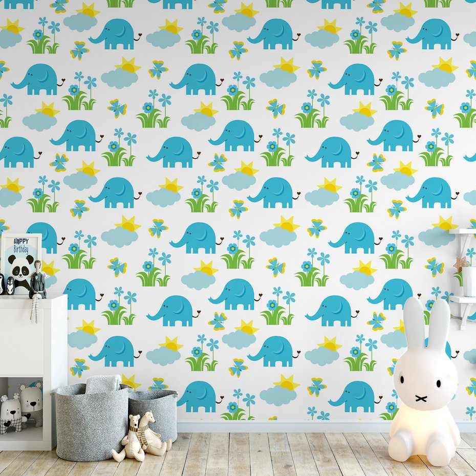 Tapeta - dziecięca, słoń, motyl, kwiat