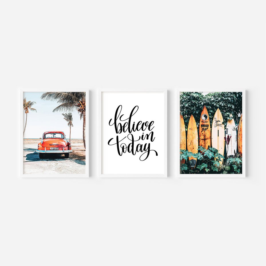 Zestaw obrazy w ramie, plakaty - palmy, samochód, deski surfingowe - rama biała