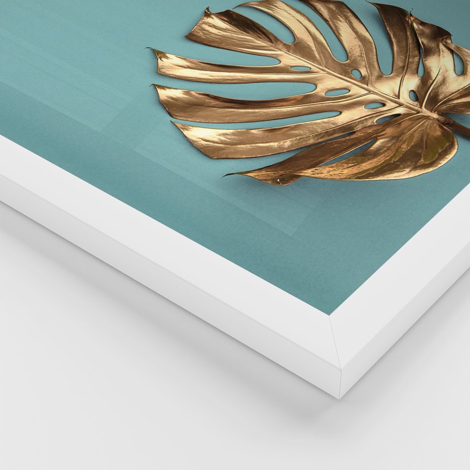 Zestaw obrazy w ramie, plakaty - liście, złoty, monstera - rama biała