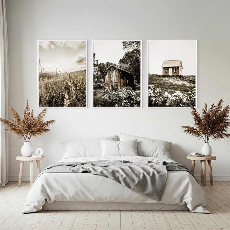 Zestaw obrazy w ramie, plakaty - wieś, natura, budynki - rama biała