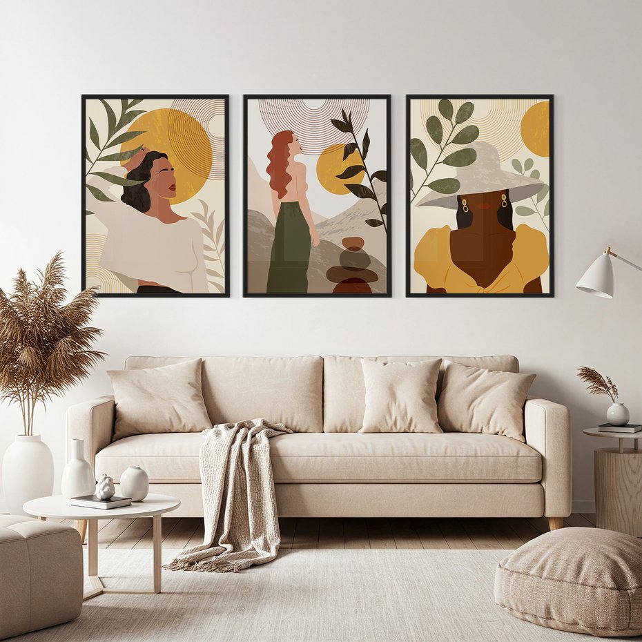 Zestaw obrazy w ramie, plakaty - kobiety, abstrakcja, boho - rama czarna
