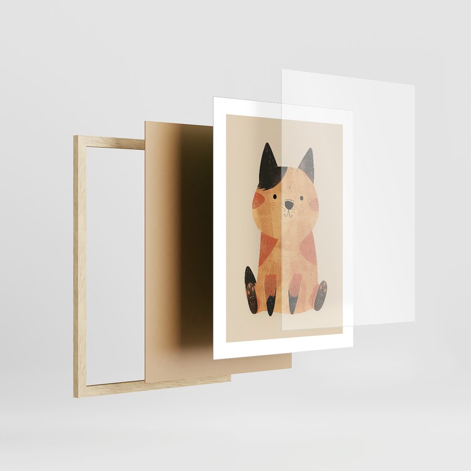 Zestaw obrazy w ramie, plakaty - zwierzęta, kot, pies - rama drewno