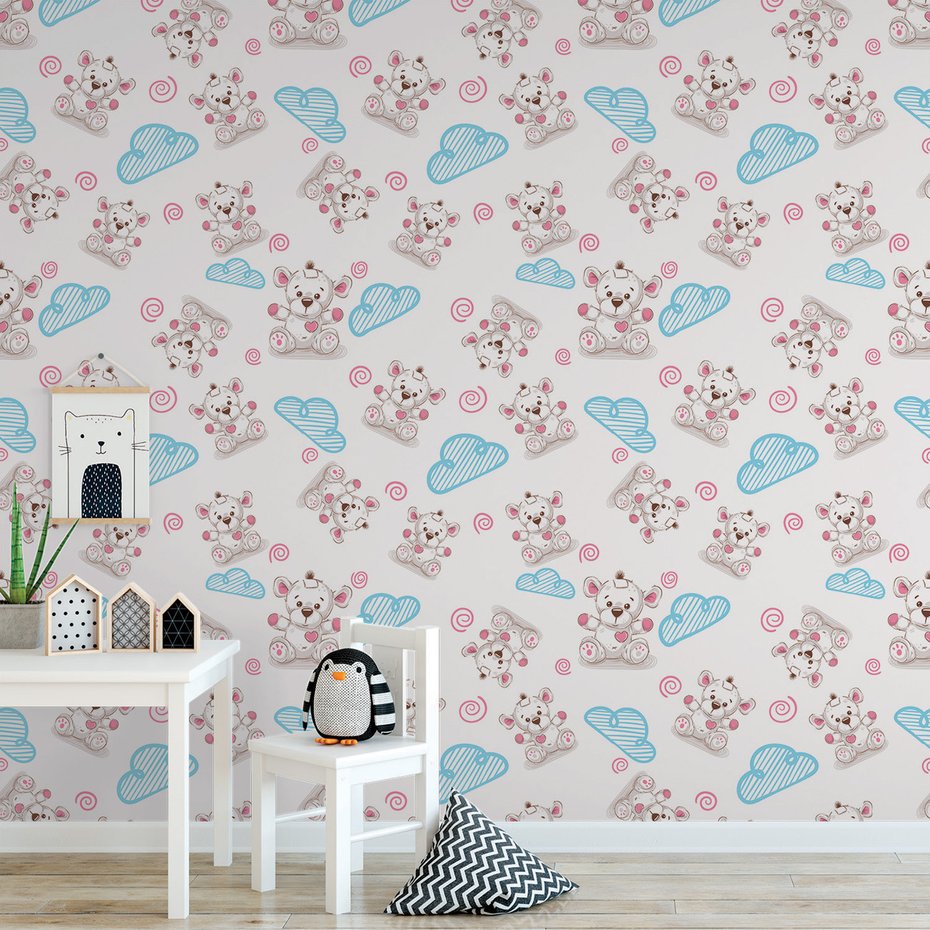 Tapeta - dziecięca, misie, chmury,