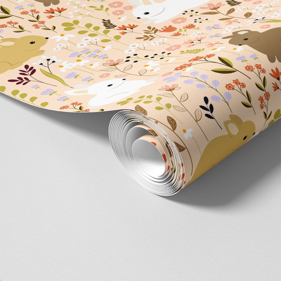 Tapeta - dziecięca, króliki, kwiaty,