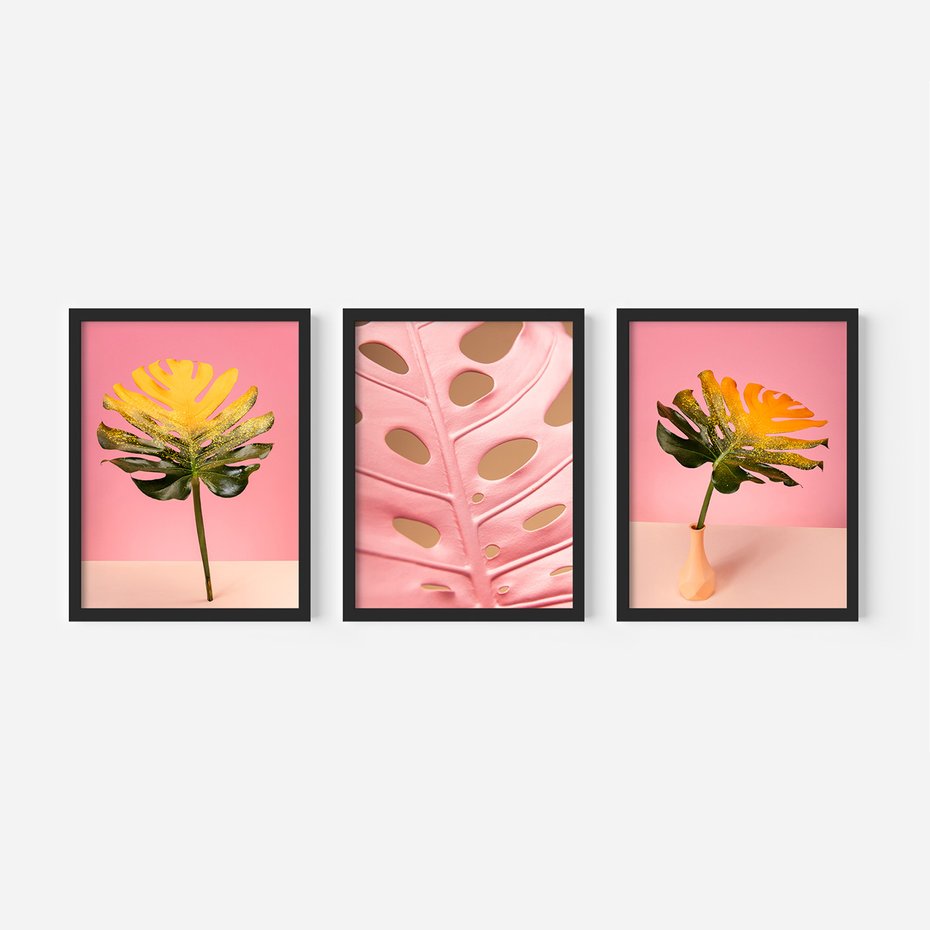 Zestaw obrazy w ramie, plakaty - liść, monstera, roślina - rama czarna