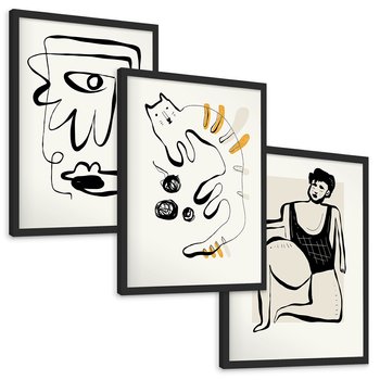 Zestaw obrazy w ramie, plakaty - abstrakcja, rysunek, minimalizm - rama czarna