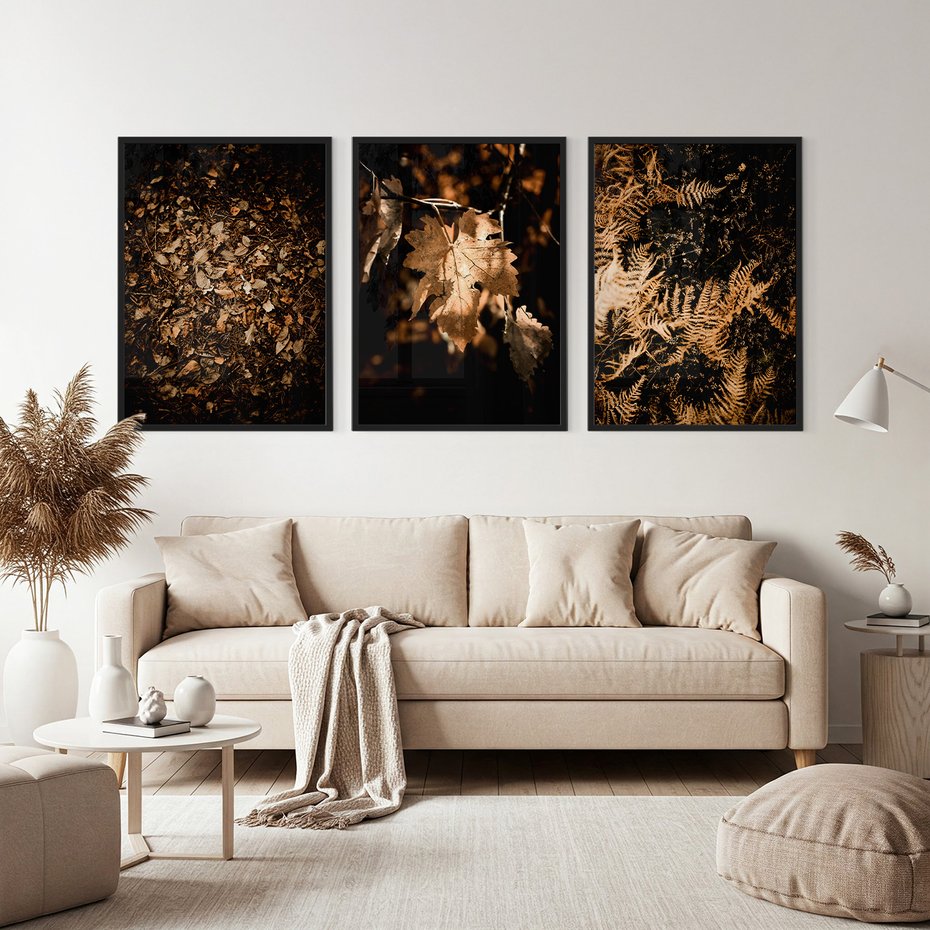 Zestaw obrazy w ramie, plakaty - liście, jesień, brązowy - rama czarna