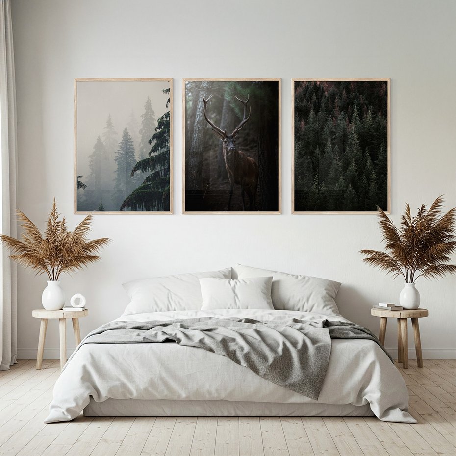 Zestaw obrazy w ramie, plakaty - las, drzewa, jeleń - rama drewno