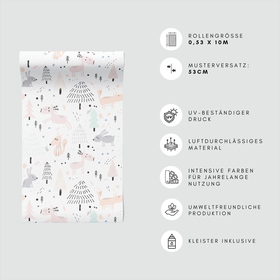 Tapeta - dziecięca, lisy, jelenie, drzewa