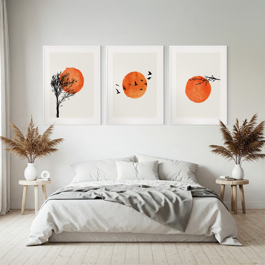 Zestaw obrazy w ramie, plakaty - Słońce, Ptaki, Drzewa - rama biała