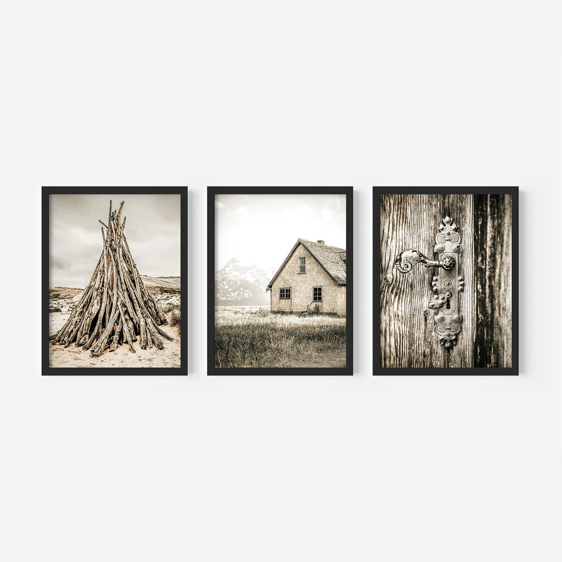 Zestaw obrazy w ramie, plakaty - vintage, dom, drewno - rama czarna