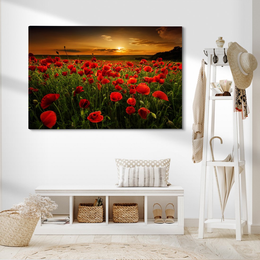 Obraz na płótnie - maki, pole, zachód słońca