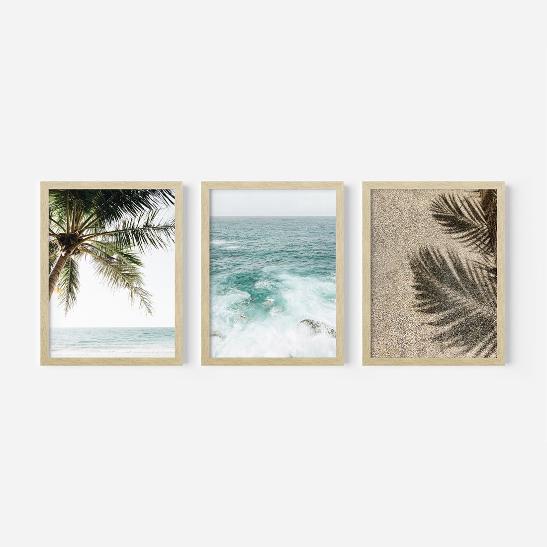 Zestaw obrazy w ramie, plakaty - palma, morze, cień - rama drewno