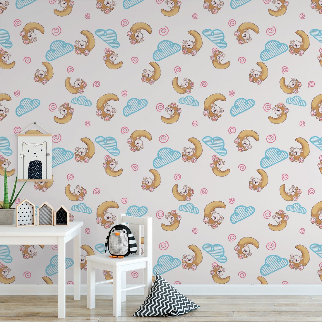 Tapeta - dziecięca, miś, księżyc, chmura