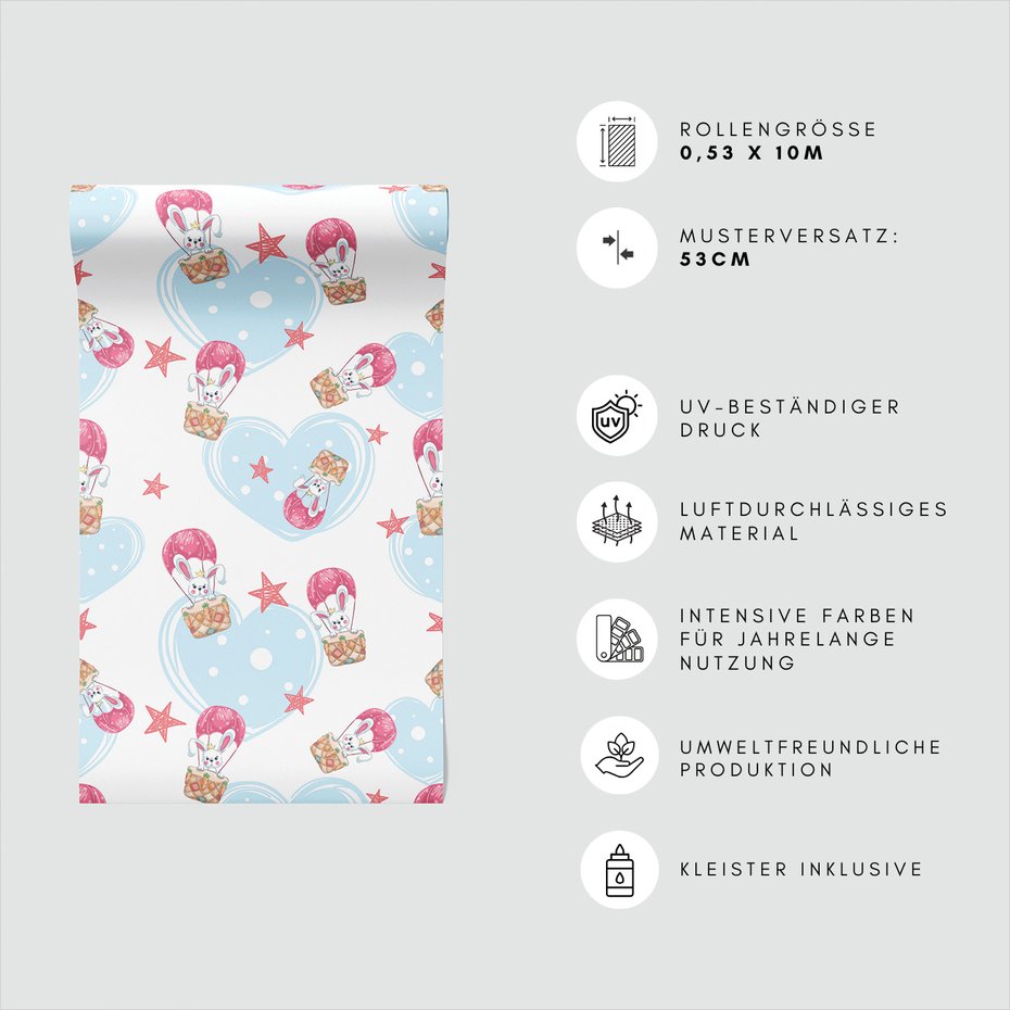 Tapeta - dziecięca, królik, serce, gwiazda