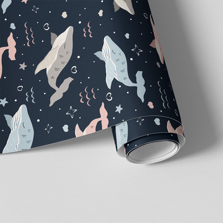 Tapeta - dziecięca, wieloryby, gwiazdy, serca