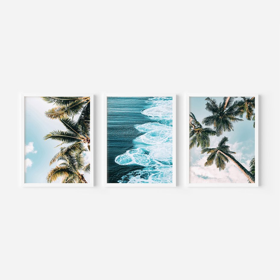 Zestaw obrazy w ramie, plakaty - palmy, morze, woda - rama biała